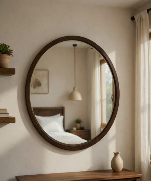75 cm Round Wall Mirror with Walnut Finish 